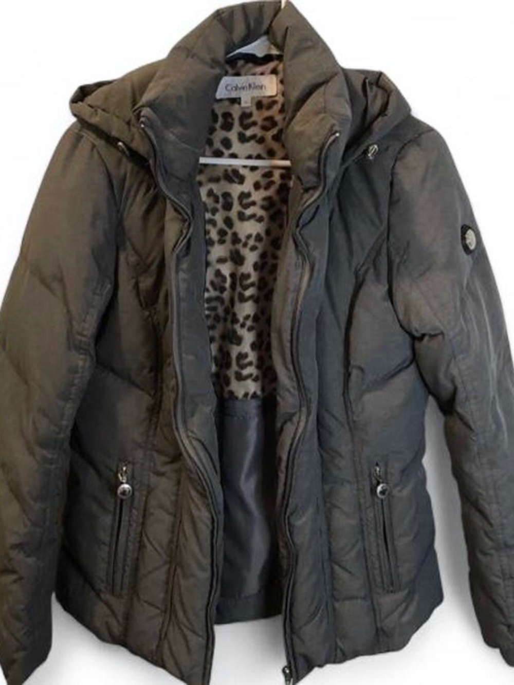 Calvin Klein Down Quilted Jacket Gray Brown with Leopard Print Lining